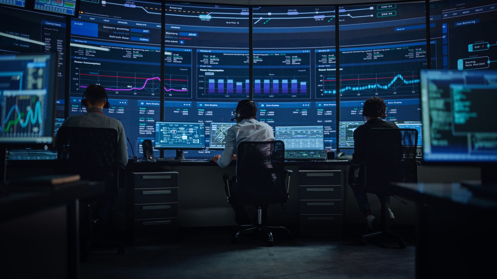 Freight operations team monitoring shipments across multiple screens