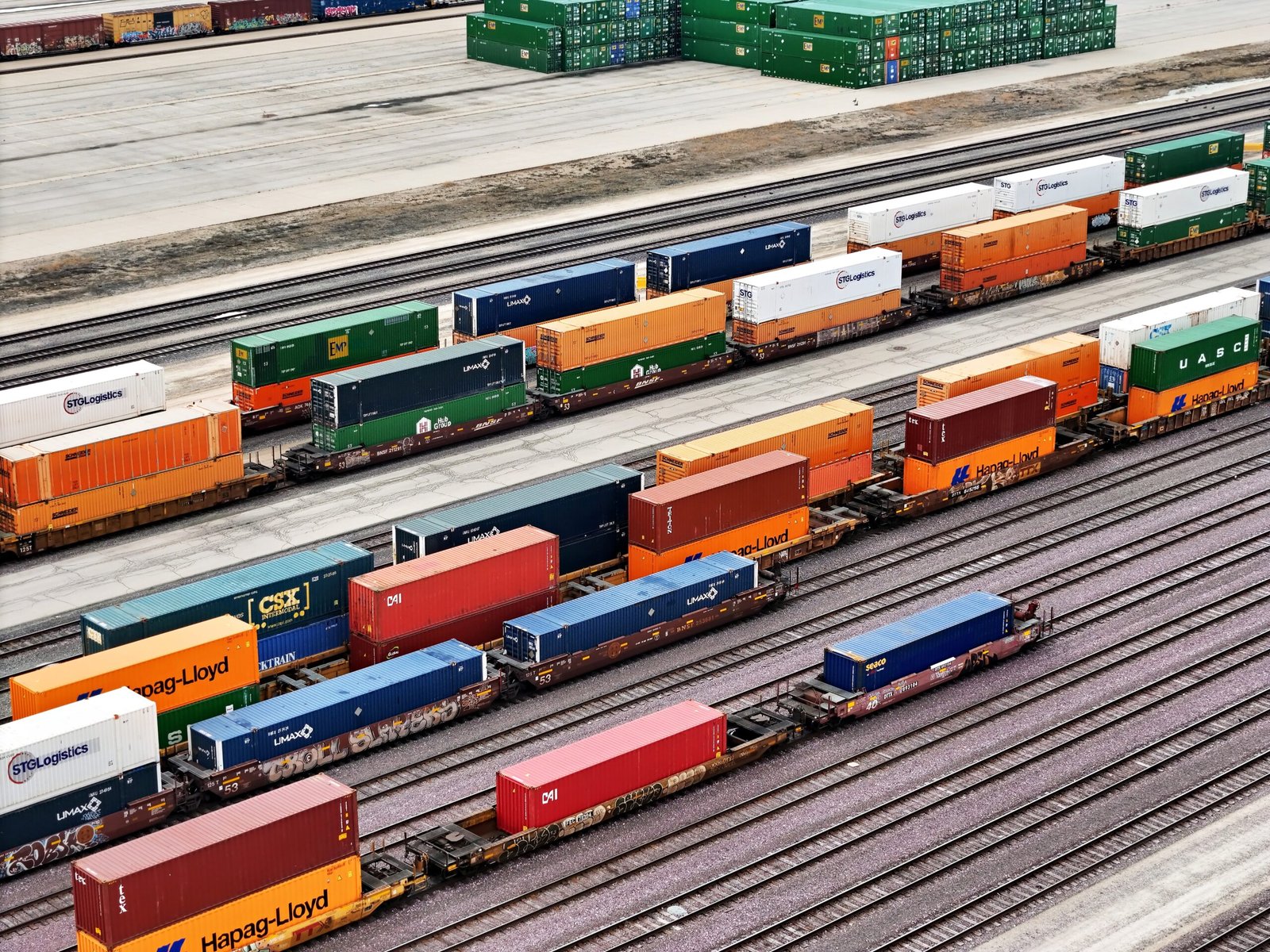 Intermodal containers loaded on well cars at a Union Pacific rail ramp