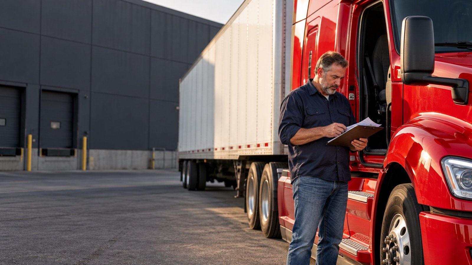 Truck driver reviewing dispatch paperwork beside a parked red semi tractor.
