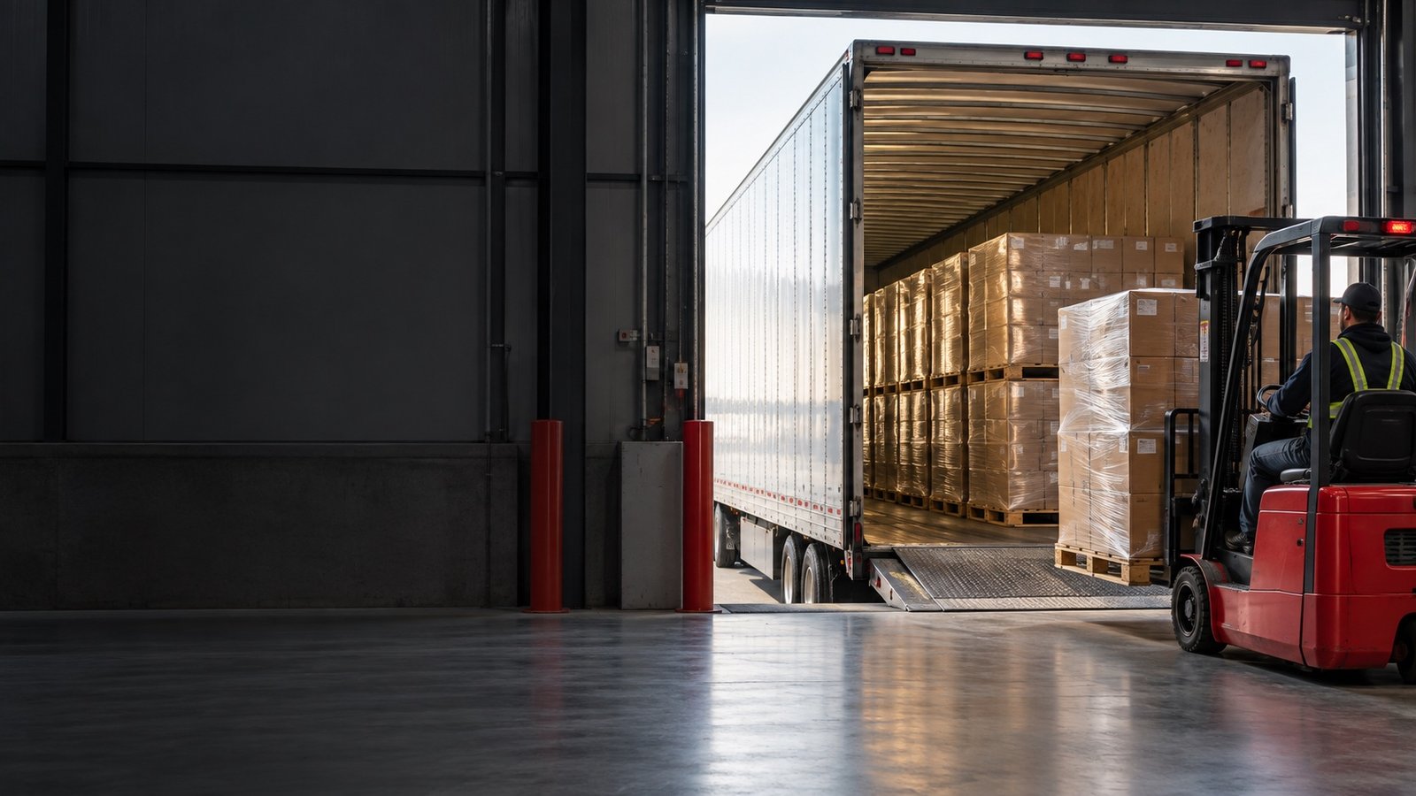 Palletized cartons being loaded into a dry van trailer at a distribution center.
