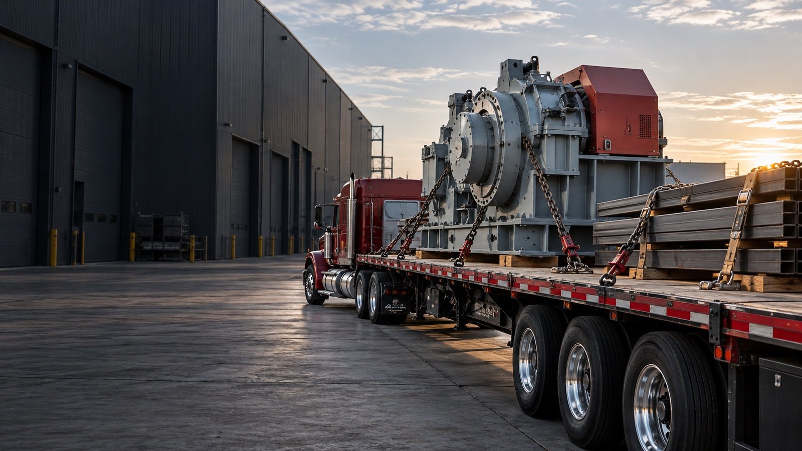 Industrial machinery and bundled steel secured on a flatbed trailer in a shipping yard.
