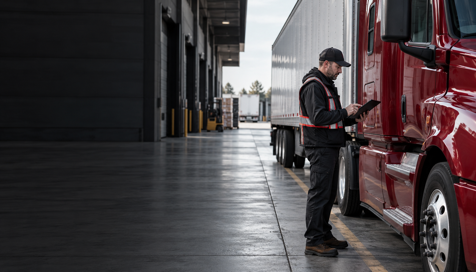 Shipping supervisor reviewing pickup details beside a red semi truck at a warehouse.