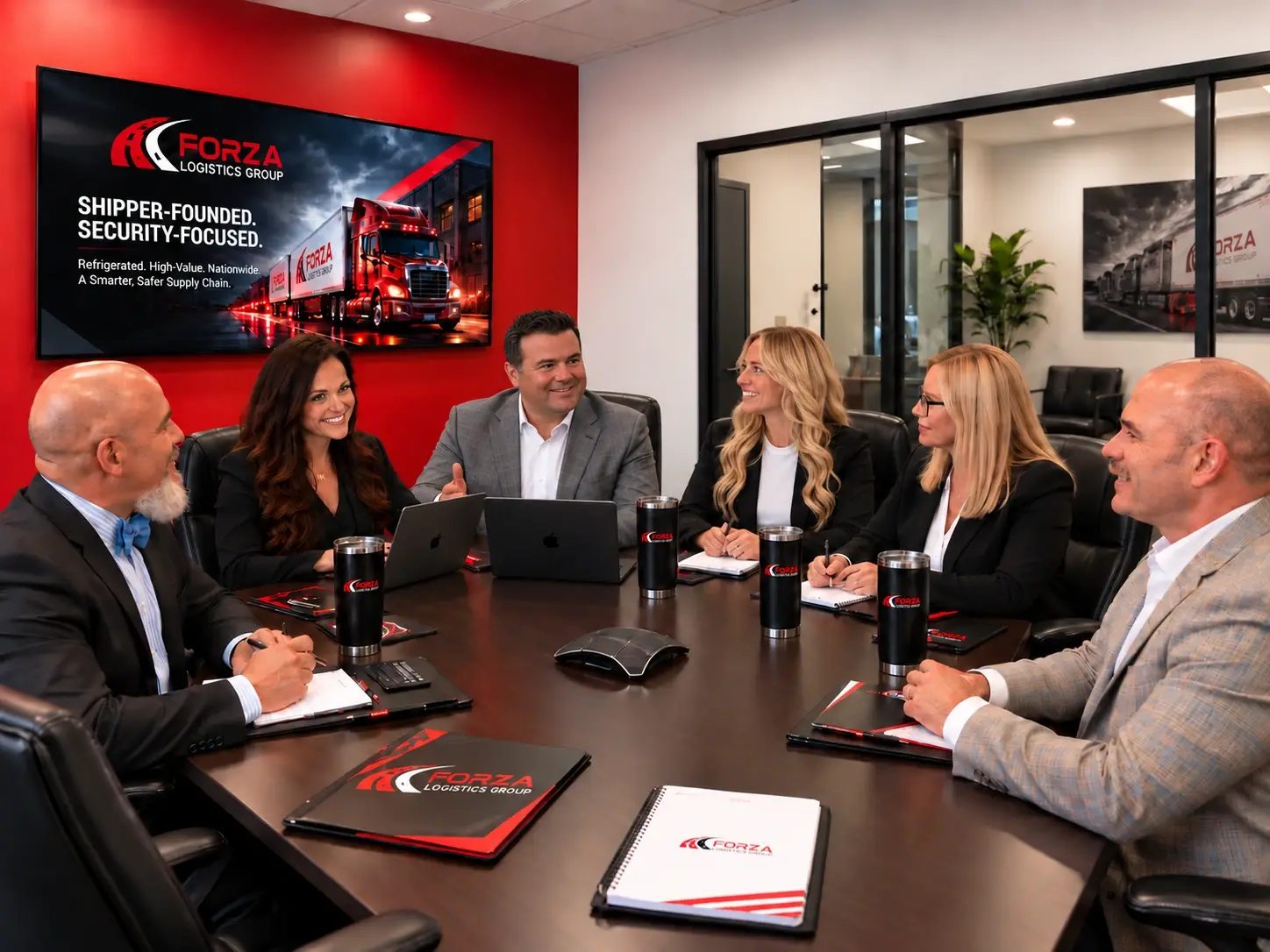 Forza team gathered around a conference table