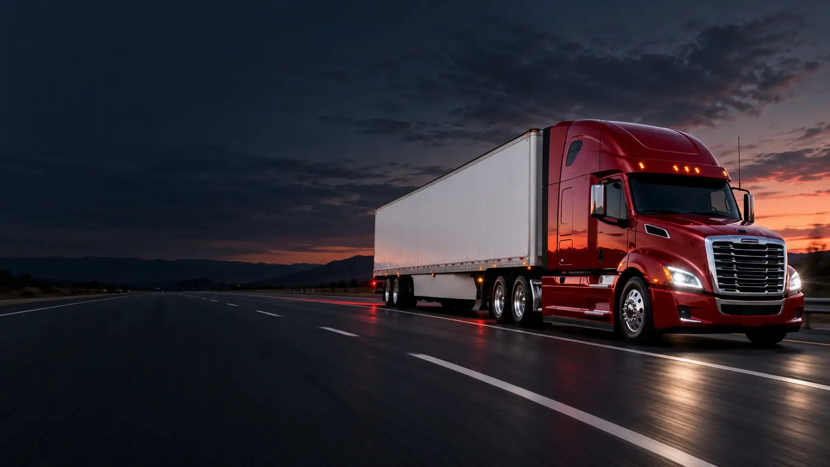 Red Forza semi-truck traveling at sunset