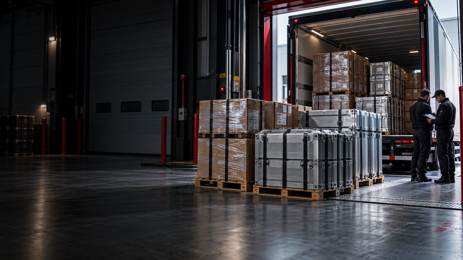Palletized industrial freight and a shipment handoff at a warehouse loading dock