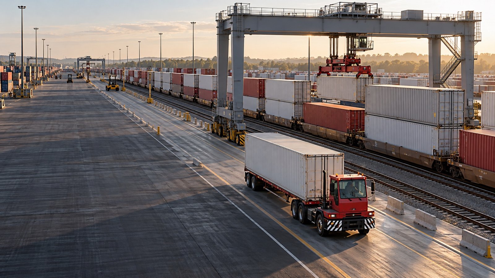 Container train, gantry crane and dray truck at an inland intermodal rail terminal.