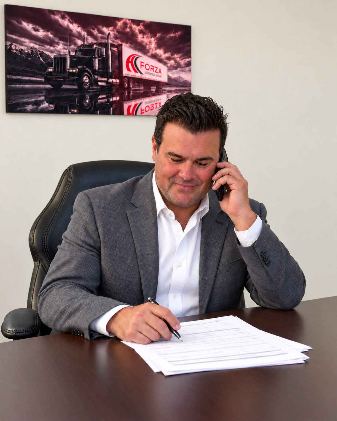 Illustrative composite of Nick Mascari on the phone, looking down at shipment paperwork in the Forza boardroom