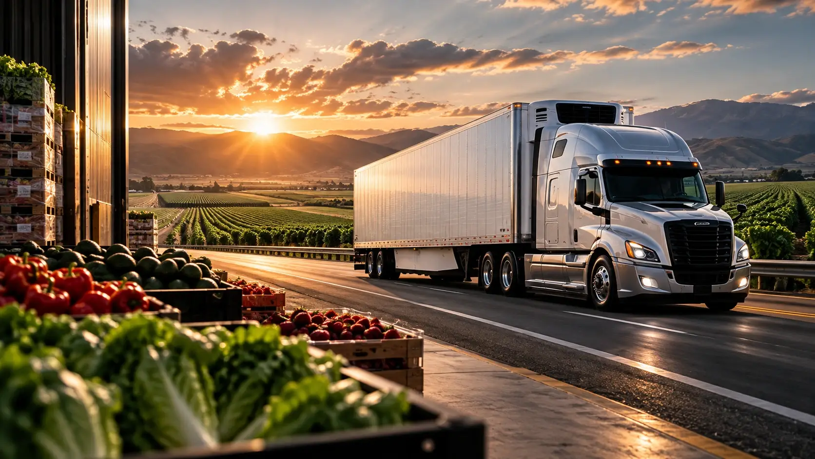 Refrigerated truck at a produce facility at sunrise